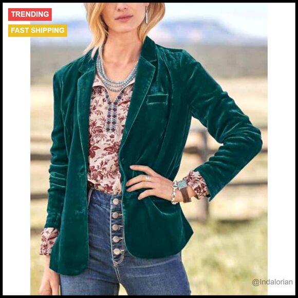 Velvet Blazer Notched Lapel Button Front Jacket Casual Chic Work Wear - Picture 4 of 4